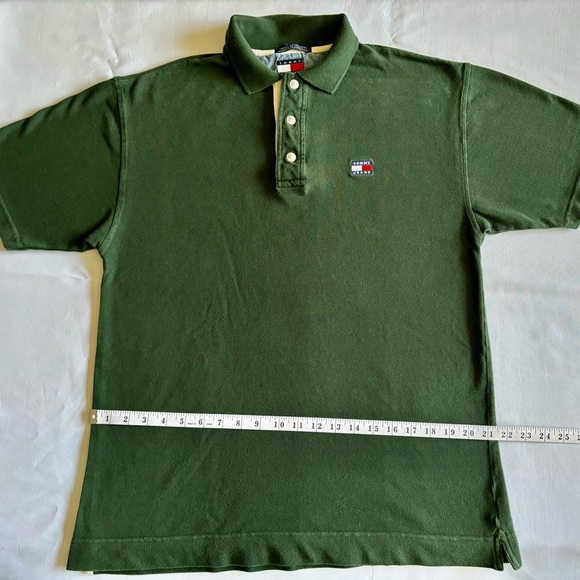 VINTAGE Tommy Jeans Hilfiger Green Polo Shirt Men’s Large Snap Button Flag Logo - Picture 4 of 7